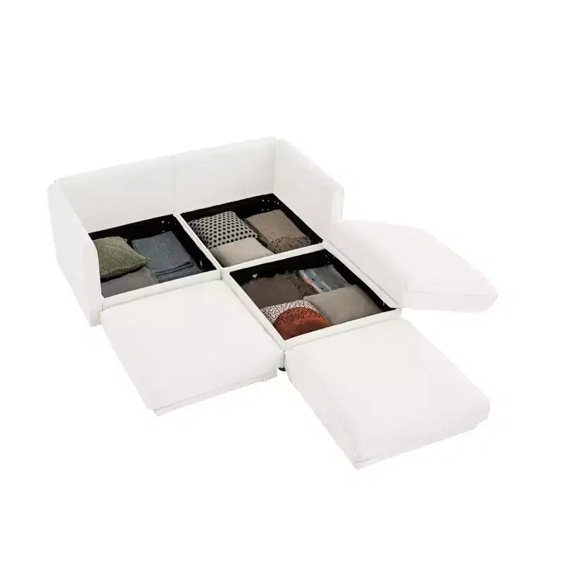 Stylish White Chenille 2-Seater Sofa with Ottoman Storage Seat, Cylindrical Backrest and Armrests