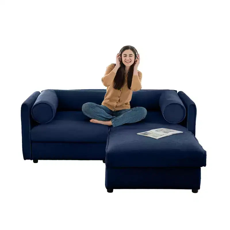 Stylish White Chenille 2-Seater Sofa with Ottoman Storage Seat, Cylindrical Backrest and Armrests