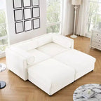 Stylish White Chenille 2-Seater Sofa with 2 Ottoman Storage Seat, Cylindrical Backrest and Armrests
