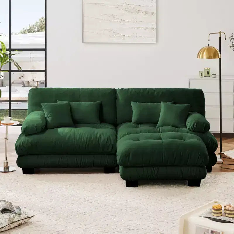 Chenille 2 Seater Sofa with 2 Lumbar pillows and 2 throw pillows , Upholstered Wide Arm Sofa with Convertible Ottoman,Chenille Light coffee
