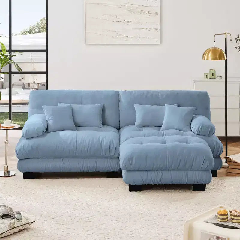 Chenille 2 Seater Sofa with 2 Lumbar pillows and 2 throw pillows , Upholstered Wide Arm Sofa with Convertible Ottoman,Chenille Light coffee