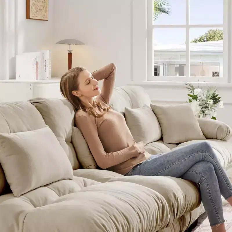 Chenille 2 Seater Sofa with 2 Lumbar pillows and 2 throw pillows , Upholstered Wide Arm Sofa with Convertible Ottoman,Chenille Light coffee