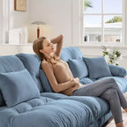Chenille 2 Seater Sofa with 2 Lumbar pillows and 2 throw pillows , Upholstered Wide Arm Sofa with Convertible Ottoman,Chenille Light coffee
