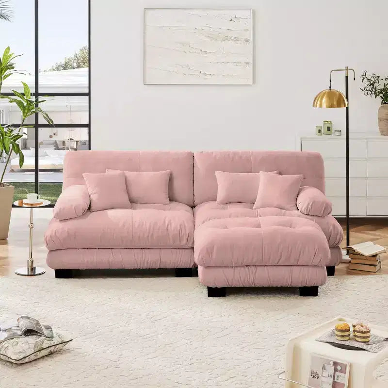Chenille 2 Seater Sofa with 2 Lumbar pillows and 2 throw pillows , Upholstered Wide Arm Sofa with Convertible Ottoman,Chenille Light coffee