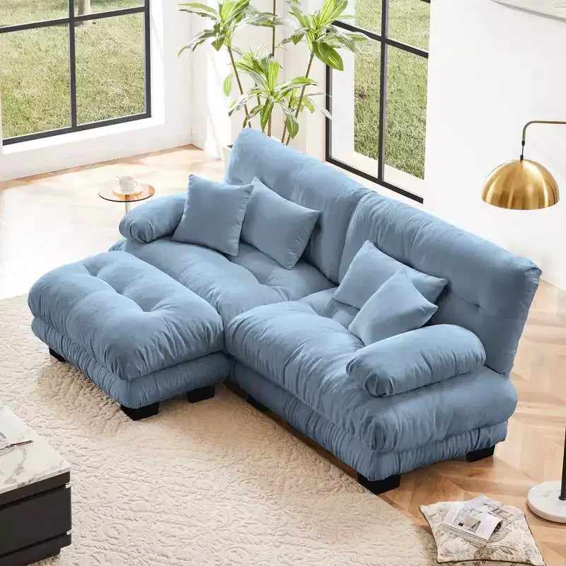 Chenille 2 Seater Sofa with 2 Lumbar pillows and 2 throw pillows , Upholstered Wide Arm Sofa with Convertible Ottoman,Chenille Light coffee