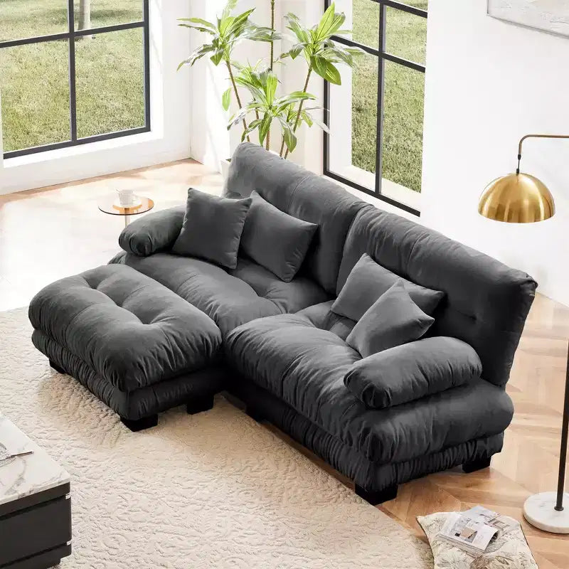 Chenille 2 Seater Sofa with 2 Lumbar pillows and 2 throw pillows , Upholstered Wide Arm Sofa with Convertible Ottoman,Chenille Light coffee