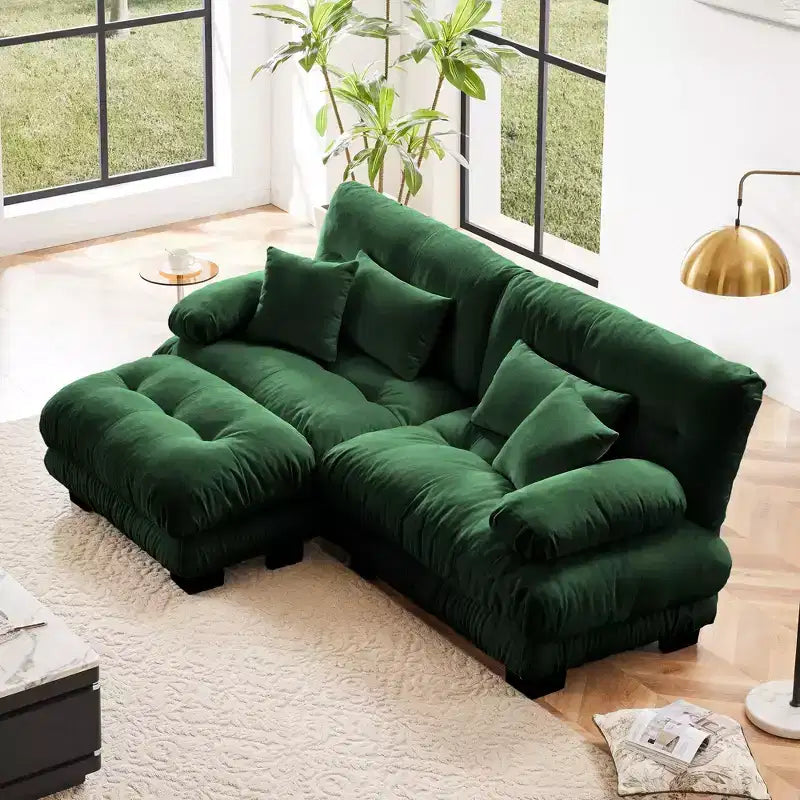 Chenille 2 Seater Sofa with 2 Lumbar pillows and 2 throw pillows , Upholstered Wide Arm Sofa with Convertible Ottoman,Chenille Light coffee