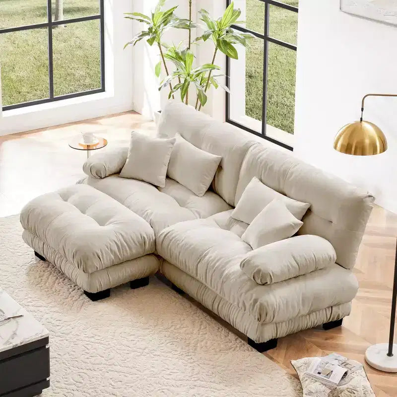 Chenille 2 Seater Sofa with 2 Lumbar pillows and 2 throw pillows , Upholstered Wide Arm Sofa with Convertible Ottoman,Chenille Light coffee