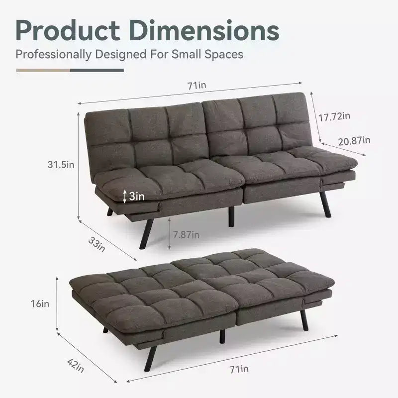Dyonery Futon Sofa Bed Convertible Couch, Linen Sofa Bed with Memory Foam, Adjustable Backrest & Armrests, Multifunctional Small Loveseat