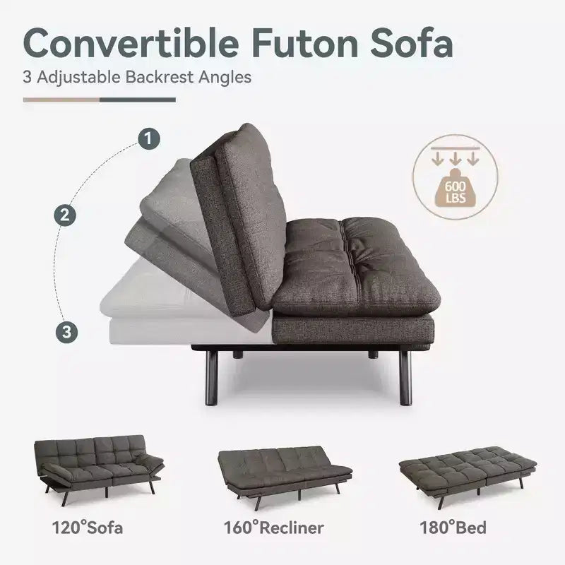 Dyonery Futon Sofa Bed Convertible Couch, Linen Sofa Bed with Memory Foam, Adjustable Backrest & Armrests, Multifunctional Small Loveseat
