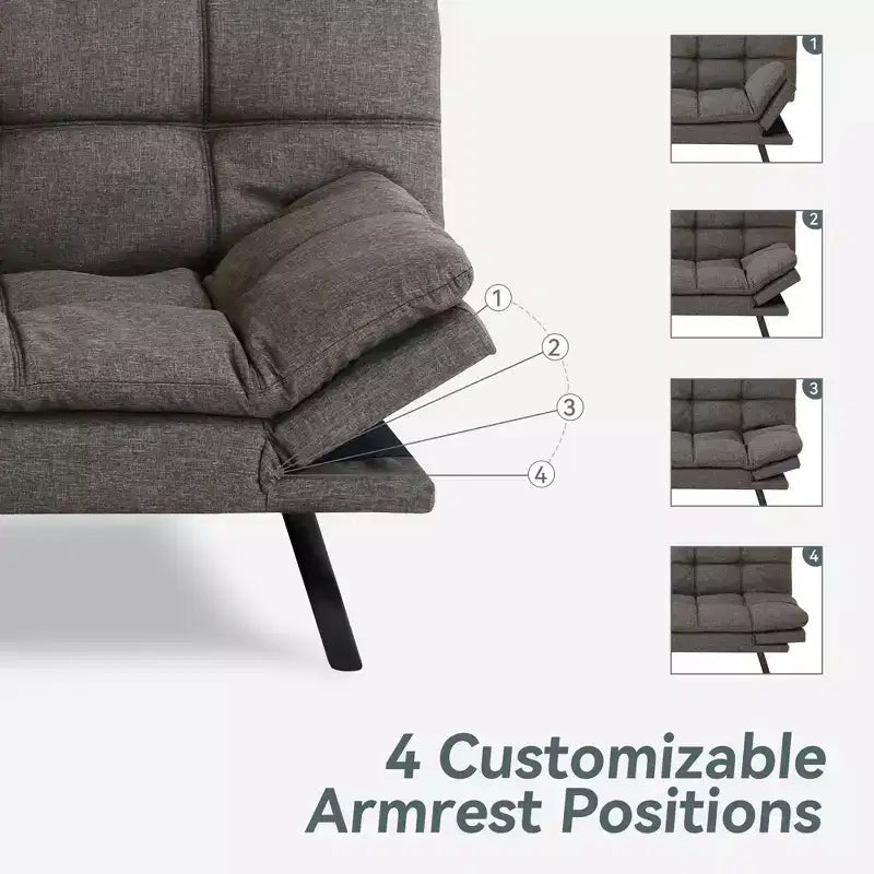 Dyonery Futon Sofa Bed Convertible Couch, Linen Sofa Bed with Memory Foam, Adjustable Backrest & Armrests, Multifunctional Small Loveseat