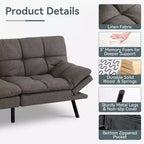 Dyonery Futon Sofa Bed Convertible Couch, Linen Sofa Bed with Memory Foam, Adjustable Backrest & Armrests, Multifunctional Small Loveseat