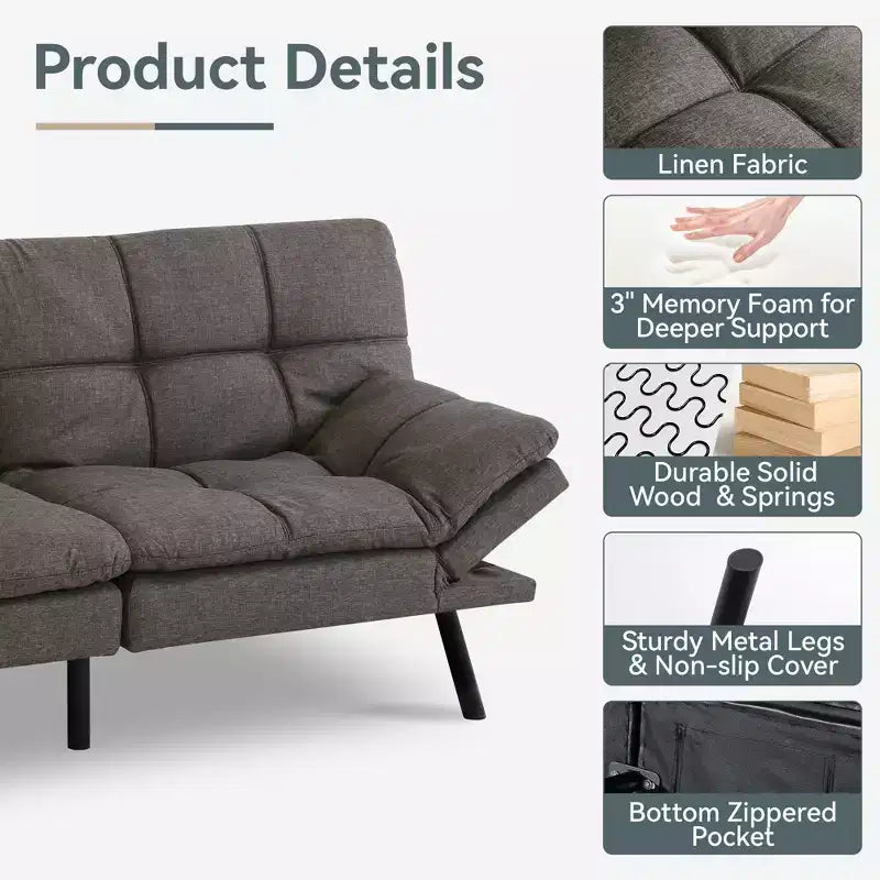 Dyonery Futon Sofa Bed Convertible Couch, Linen Sofa Bed with Memory Foam, Adjustable Backrest & Armrests, Multifunctional Small Loveseat