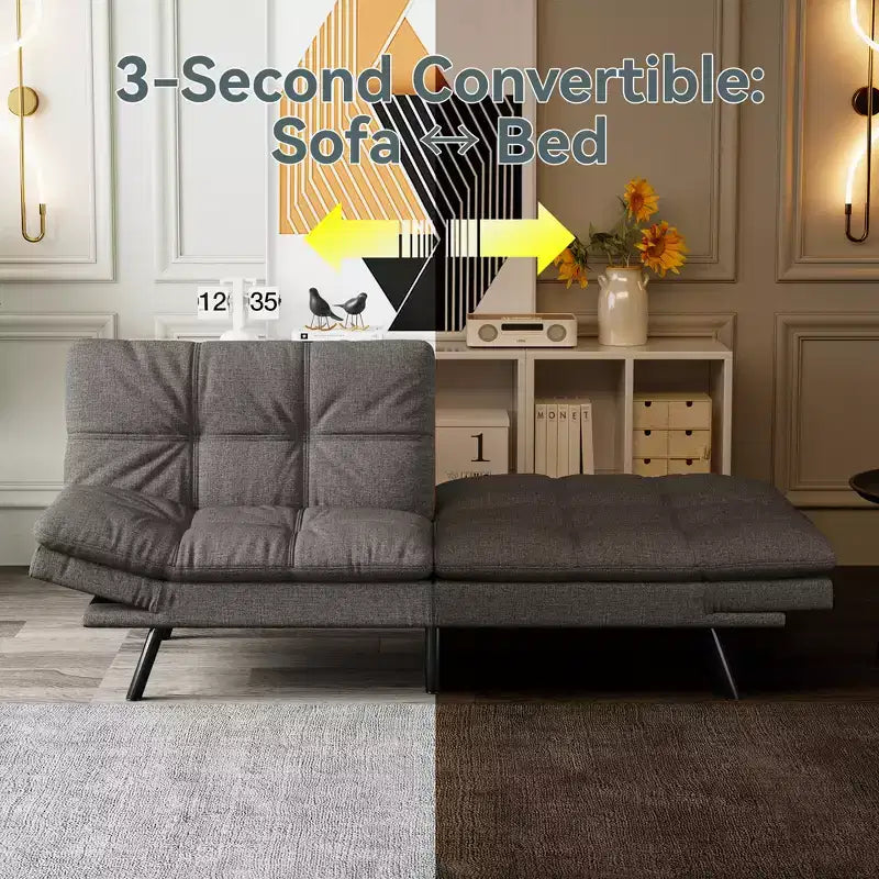 Dyonery Futon Sofa Bed Convertible Couch, Linen Sofa Bed with Memory Foam, Adjustable Backrest & Armrests, Multifunctional Small Loveseat