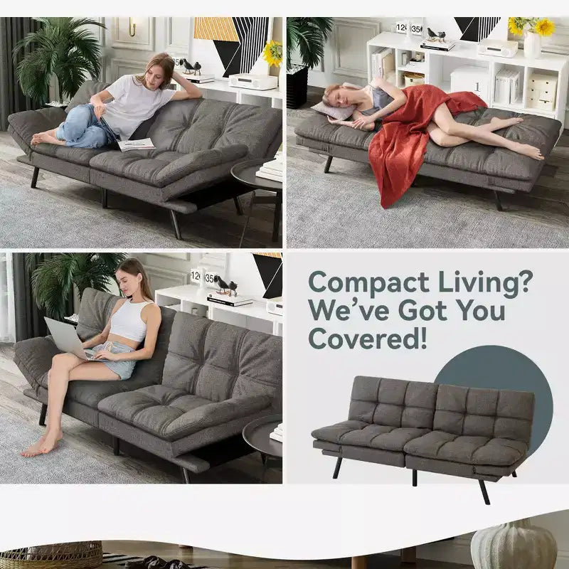 Dyonery Futon Sofa Bed Convertible Couch, Linen Sofa Bed with Memory Foam, Adjustable Backrest & Armrests, Multifunctional Small Loveseat