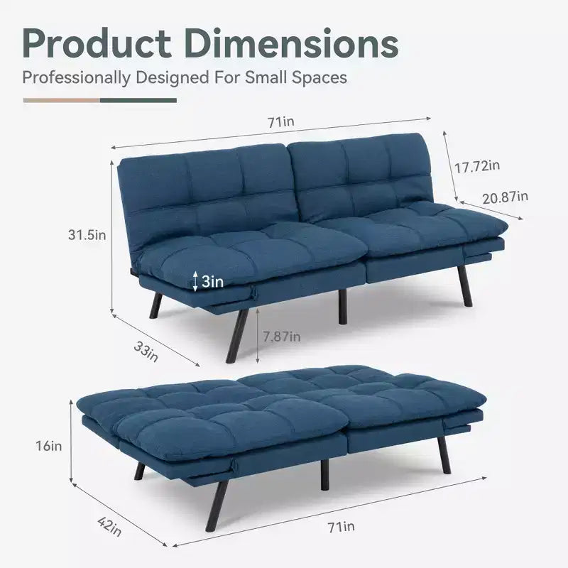 Dyonery Futon Sofa Bed Convertible Couch, Linen Sofa Bed with Memory Foam, Adjustable Backrest & Armrests, Multifunctional Small Loveseat
