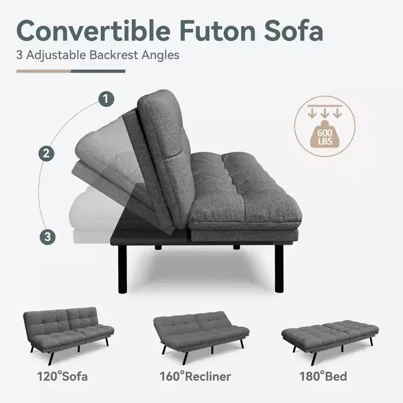 Dyonery Futon Sofa Bed Convertible Couch, Linen Sofa Bed with Memory Foam, Adjustable Backrest & Armrests, Multifunctional Small Loveseat
