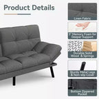 Dyonery Futon Sofa Bed Convertible Couch, Linen Sofa Bed with Memory Foam, Adjustable Backrest & Armrests, Multifunctional Small Loveseat