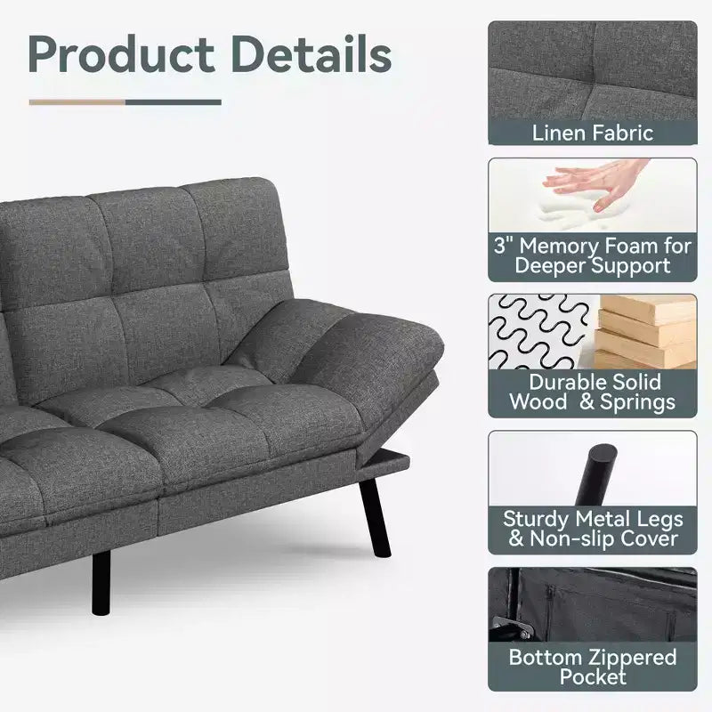 Dyonery Futon Sofa Bed Convertible Couch, Linen Sofa Bed with Memory Foam, Adjustable Backrest & Armrests, Multifunctional Small Loveseat