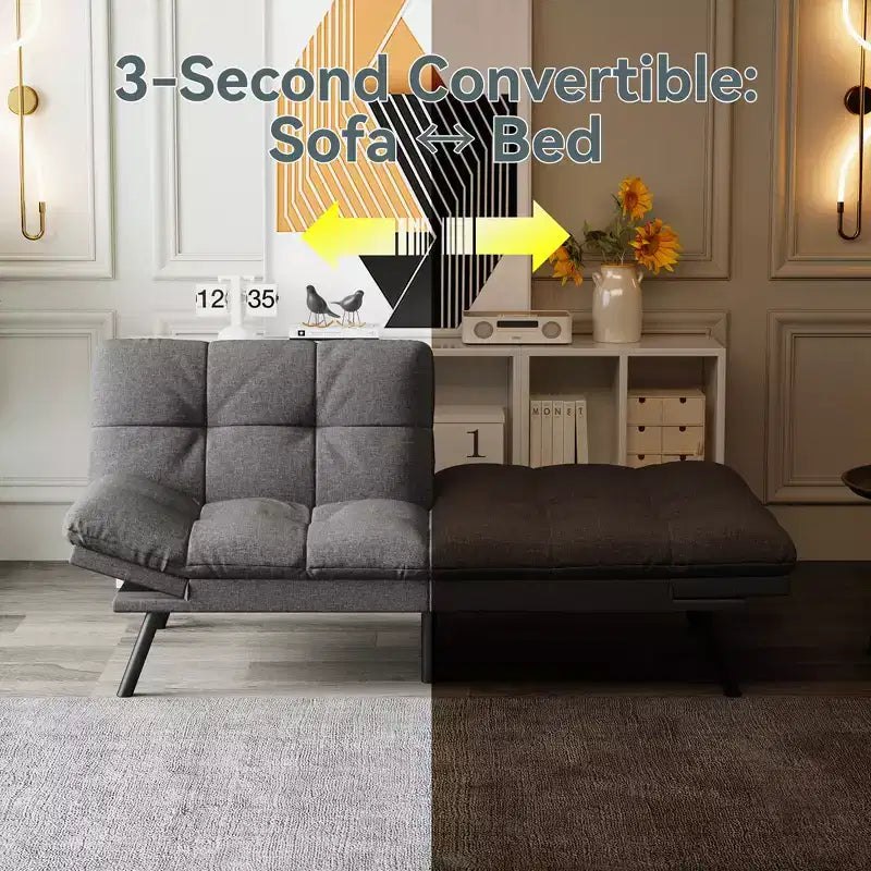 Dyonery Futon Sofa Bed Convertible Couch, Linen Sofa Bed with Memory Foam, Adjustable Backrest & Armrests, Multifunctional Small Loveseat