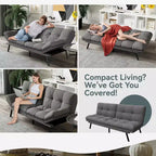 Dyonery Futon Sofa Bed Convertible Couch, Linen Sofa Bed with Memory Foam, Adjustable Backrest & Armrests, Multifunctional Small Loveseat