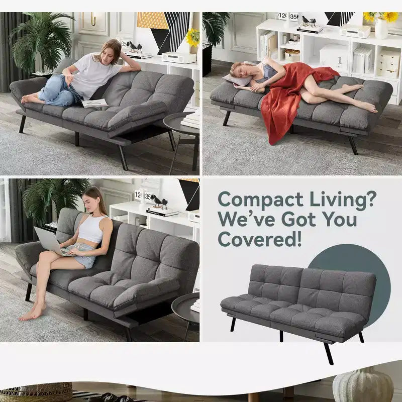 Dyonery Futon Sofa Bed Convertible Couch, Linen Sofa Bed with Memory Foam, Adjustable Backrest & Armrests, Multifunctional Small Loveseat