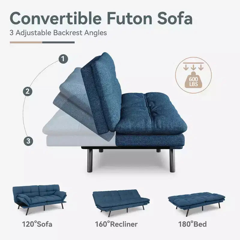 Dyonery Futon Sofa Bed Convertible Couch, Linen Sofa Bed with Memory Foam, Adjustable Backrest & Armrests, Multifunctional Small Loveseat