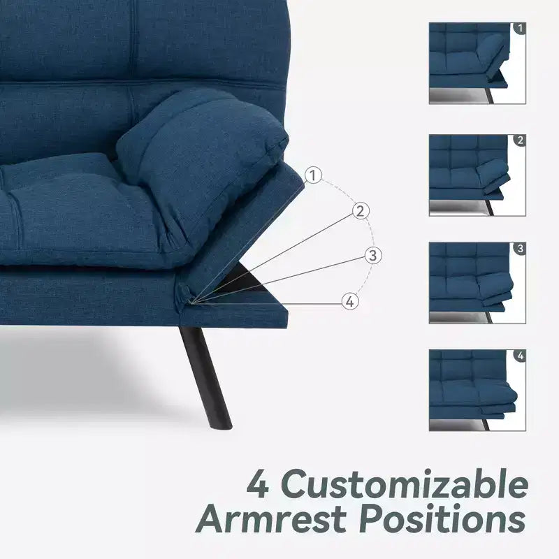 Dyonery Futon Sofa Bed Convertible Couch, Linen Sofa Bed with Memory Foam, Adjustable Backrest & Armrests, Multifunctional Small Loveseat
