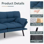Dyonery Futon Sofa Bed Convertible Couch, Linen Sofa Bed with Memory Foam, Adjustable Backrest & Armrests, Multifunctional Small Loveseat