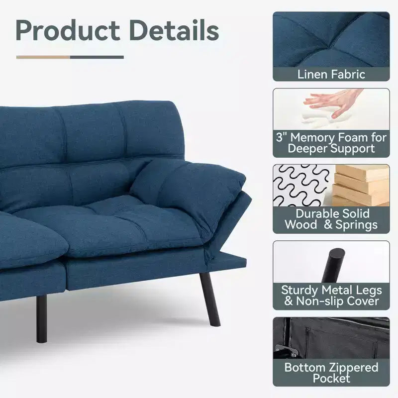 Dyonery Futon Sofa Bed Convertible Couch, Linen Sofa Bed with Memory Foam, Adjustable Backrest & Armrests, Multifunctional Small Loveseat
