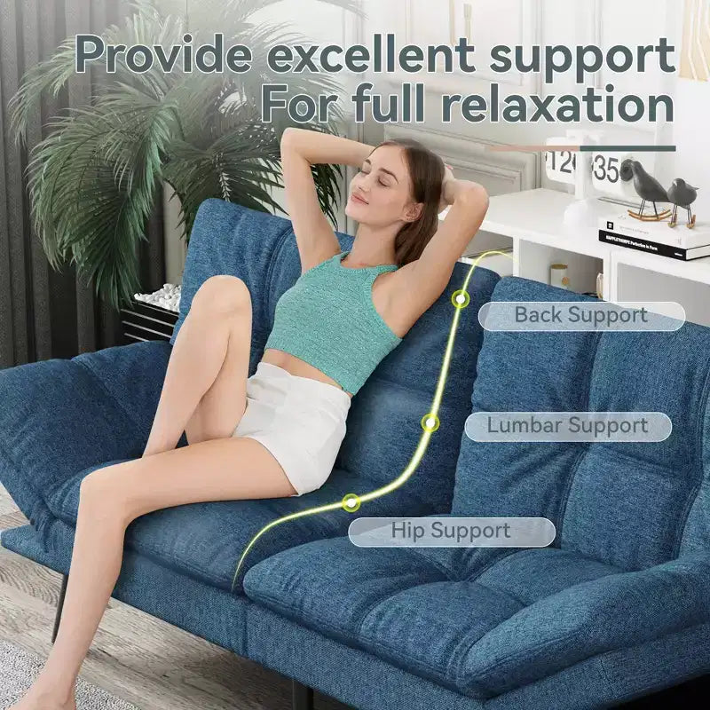 Dyonery Futon Sofa Bed Convertible Couch, Linen Sofa Bed with Memory Foam, Adjustable Backrest & Armrests, Multifunctional Small Loveseat
