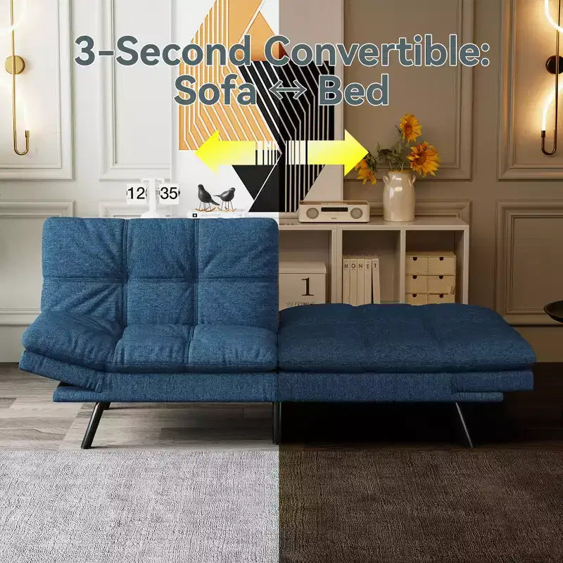Dyonery Futon Sofa Bed Convertible Couch, Linen Sofa Bed with Memory Foam, Adjustable Backrest & Armrests, Multifunctional Small Loveseat