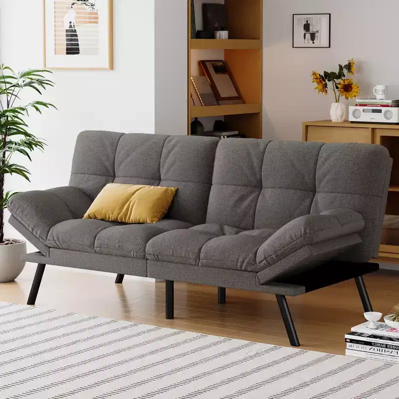 Dyonery Futon Sofa Bed Convertible Couch, Linen Sofa Bed with Memory Foam, Adjustable Backrest & Armrests, Multifunctional Small Loveseat