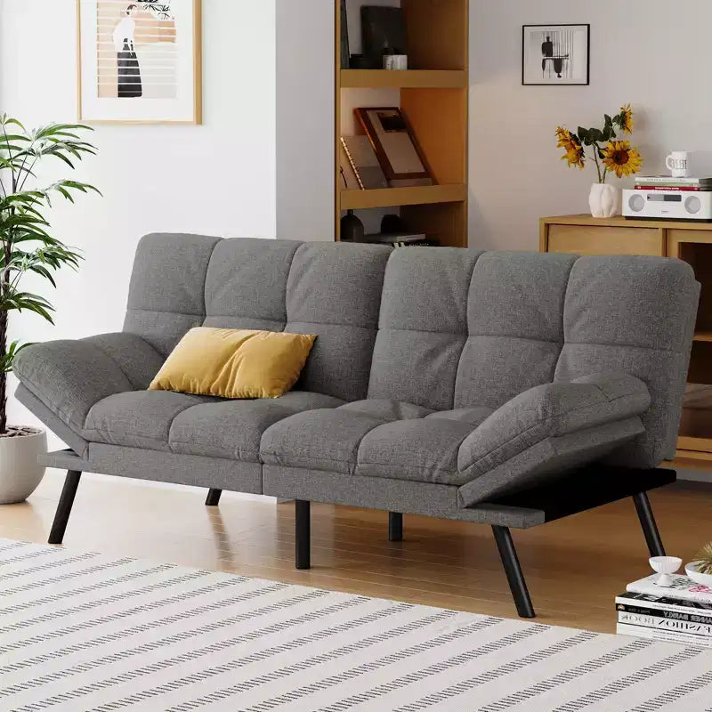 Dyonery Futon Sofa Bed Convertible Couch, Linen Sofa Bed with Memory Foam, Adjustable Backrest & Armrests, Multifunctional Small Loveseat