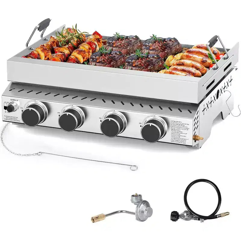 R.W.FLAME Portable 4-Burner Propane Gas Griddle, 32,000 BTU Flat Top Grill with 304 Stainless Steel, Non-Coated Surface for Outdoor Cooking