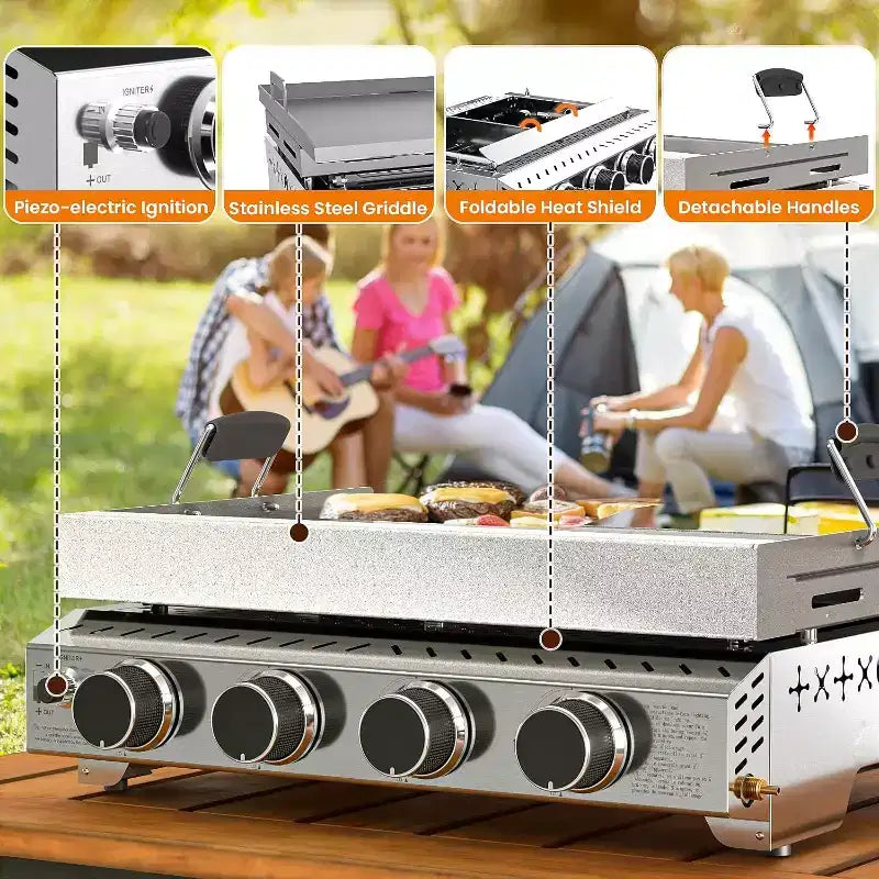 R.W.FLAME Portable 4-Burner Propane Gas Griddle, 32,000 BTU Flat Top Grill with 304 Stainless Steel, Non-Coated Surface for Outdoor Cooking