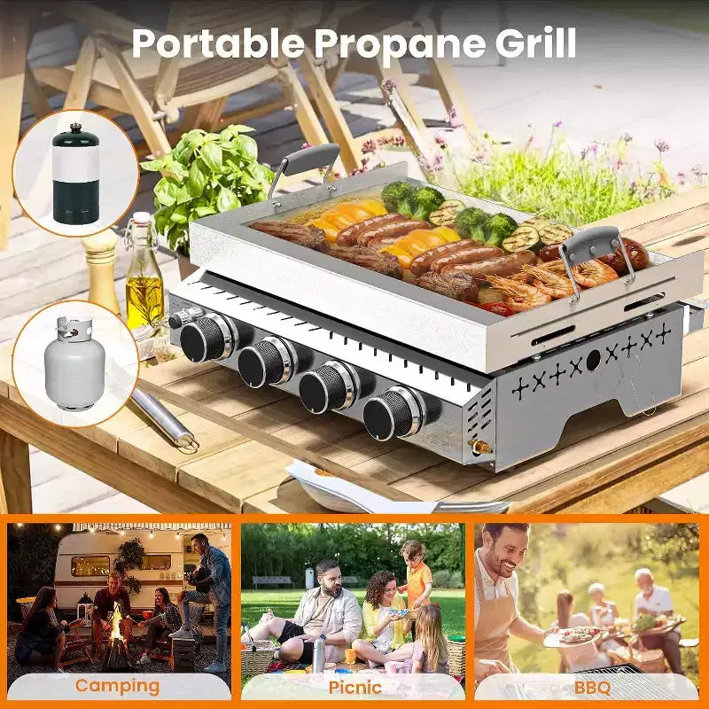 R.W.FLAME Portable 4-Burner Propane Gas Griddle, 32,000 BTU Flat Top Grill with 304 Stainless Steel, Non-Coated Surface for Outdoor Cooking
