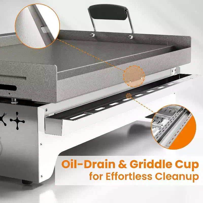 R.W.FLAME Portable 4-Burner Propane Gas Griddle, 32,000 BTU Flat Top Grill with 304 Stainless Steel, Non-Coated Surface for Outdoor Cooking
