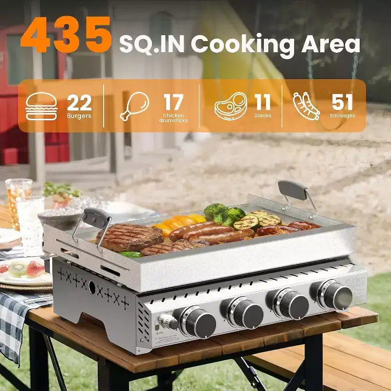 R.W.FLAME Portable 4-Burner Propane Gas Griddle, 32,000 BTU Flat Top Grill with 304 Stainless Steel, Non-Coated Surface for Outdoor Cooking