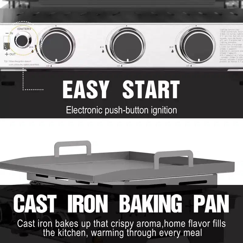 R.W.FLAME Plancha portable à 3 brûleurs au propane, Barbecue à gaz de table en acier inoxydable 304 de 25 pouces, 24 000 BTU pour camping, VR, BBQ extérieur