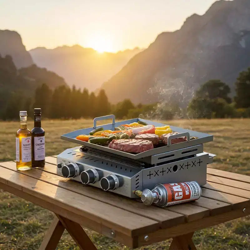 R.W.FLAME Plancha portable à 3 brûleurs au propane, Barbecue à gaz de table en acier inoxydable 304 de 25 pouces, 24 000 BTU pour camping, VR, BBQ extérieur