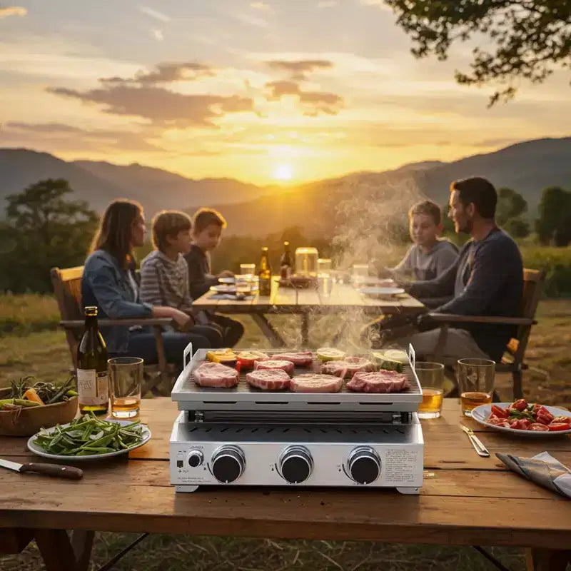 R.W.FLAME Plancha portable à 3 brûleurs au propane, Barbecue à gaz de table en acier inoxydable 304 de 25 pouces, 24 000 BTU pour camping, VR, BBQ extérieur