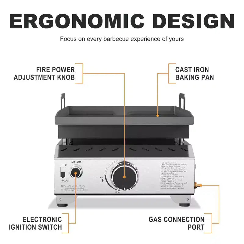 R.W. FLAME Portable Propane Griddle, 8,000 BTU Tabletop Flat Top Grill, 304 Stainless Steel Gas Grill for Camping, Outdoor BBQ, RV Cooking