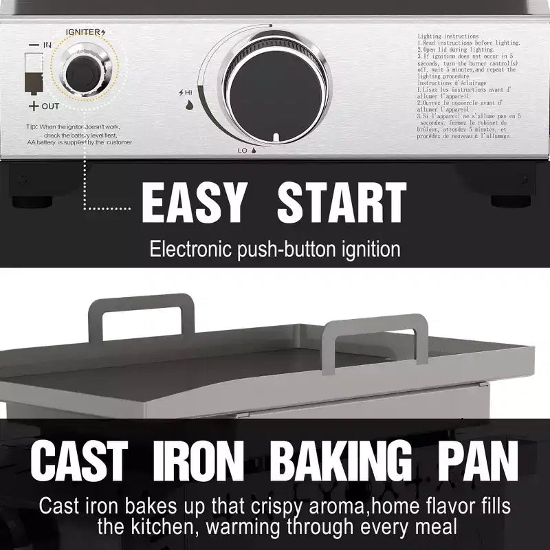 R.W. FLAME Portable Propane Griddle, 8,000 BTU Tabletop Flat Top Grill, 304 Stainless Steel Gas Grill for Camping, Outdoor BBQ, RV Cooking