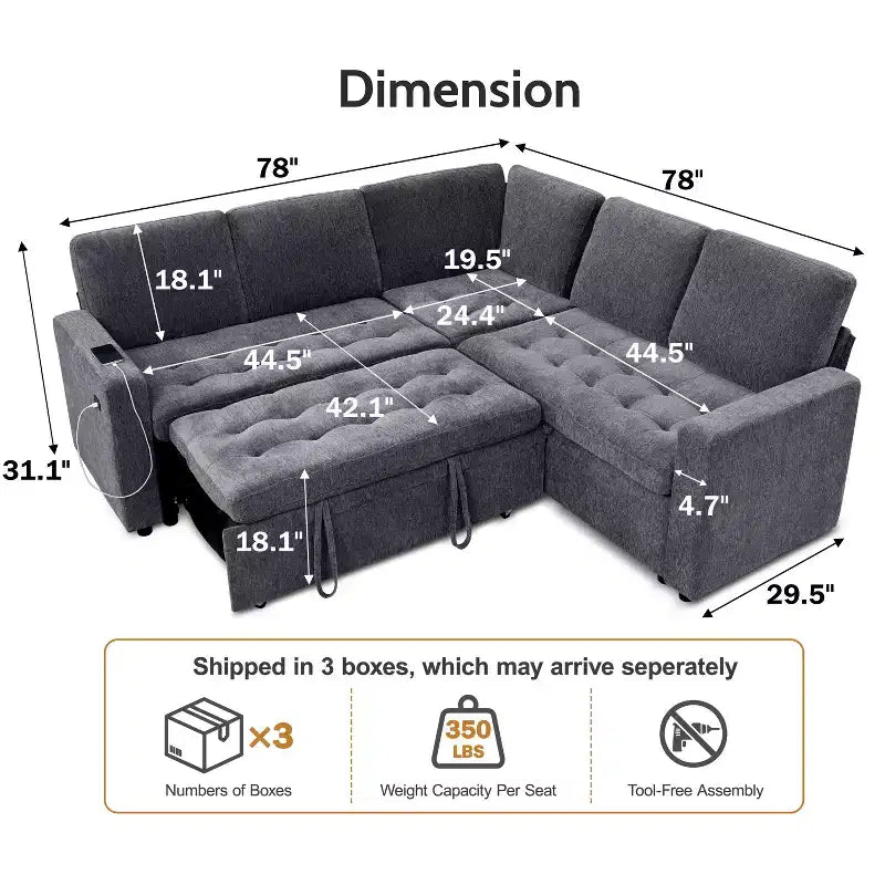 Canapé sectionnel modulaire Dyonery 5 places avec ports USB/dossier réglable/sièges de rangement, assemblage sans outils