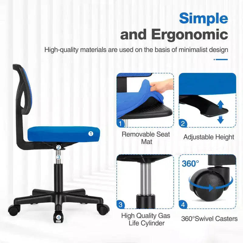 Armless Mesh Office Chair with Adjustable Height and Lumbar Support, Swivel Rolling Computer Desk Chair for Small Spaces