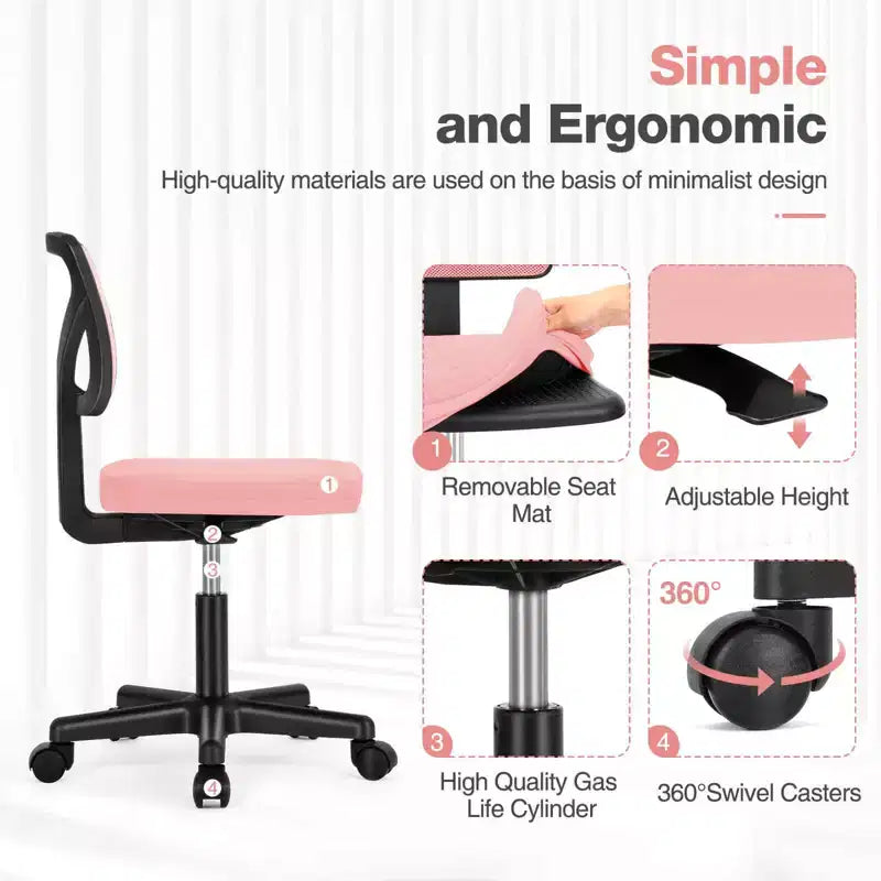 Armless Mesh Office Chair with Adjustable Height and Lumbar Support, Swivel Rolling Computer Desk Chair for Small Spaces