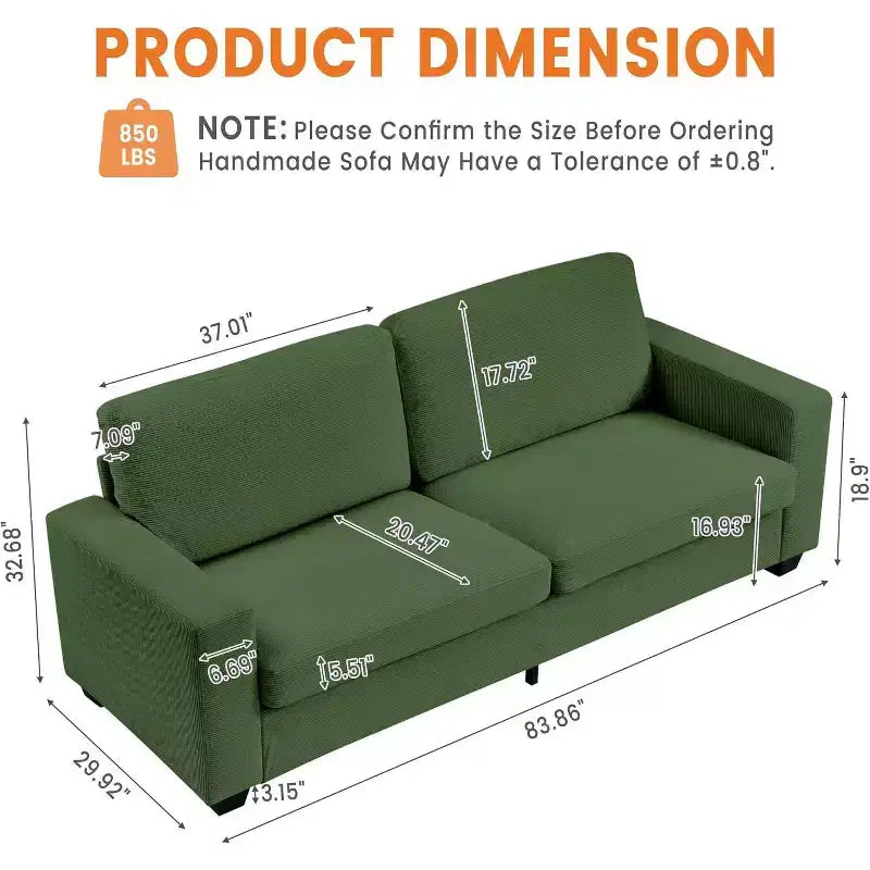 Canapé 2 places, canapé profond avec larges accoudoirs, coussins déhoussables lavables, tissu bouclé confortable pour salon, vert