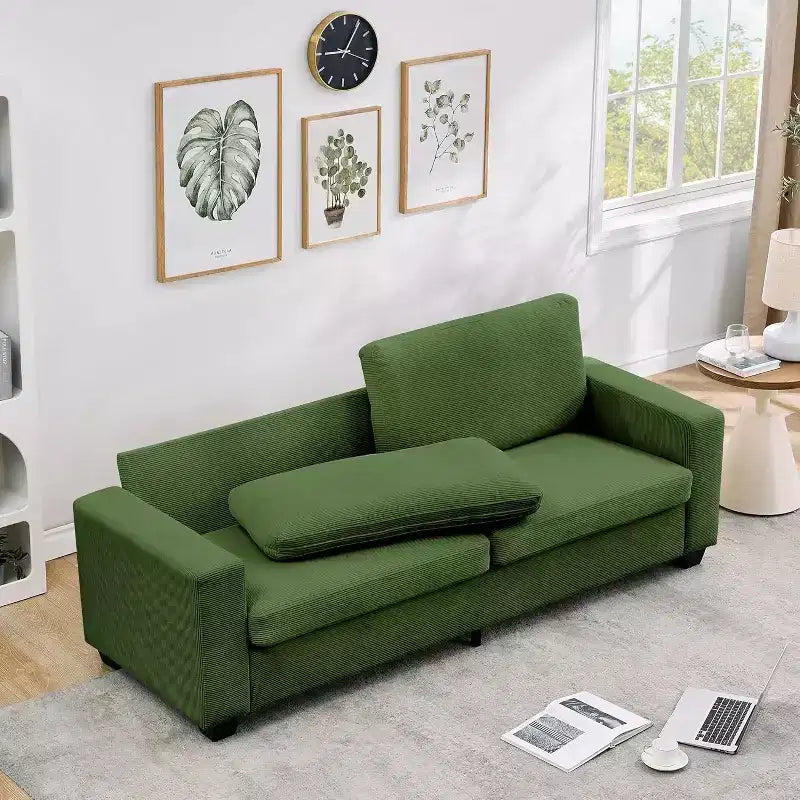 Canapé 2 places, canapé profond avec larges accoudoirs, coussins déhoussables lavables, tissu bouclé confortable pour salon, vert