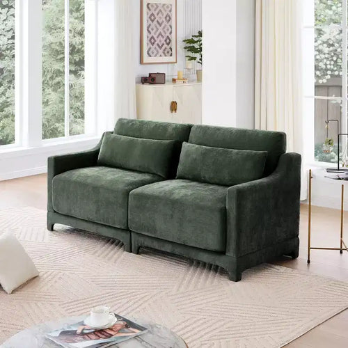 2-Seater High Quality Wood Frame Chenille Green Fabric Armrests Sofa with 2 Lumbar Pillows Resilient Sponge Easy Install